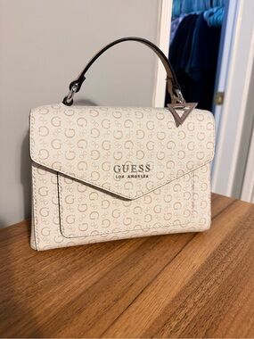 Guess White & Tan Monogram Satchel Bag – Top Handle & Crossbody Strap